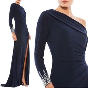 Mac Duggal 12231 Size 16 Dark Blue One Shoulder Jersey Knit Long Maxi Gown Dress